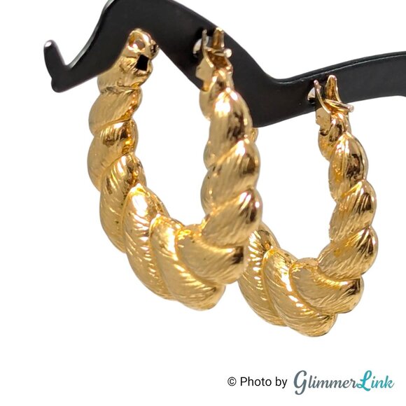 Vintage Monet Croissant Shrimp Hoop Earrings – Gold Tone Textured 1" Hoops - Picture 1 of 8
